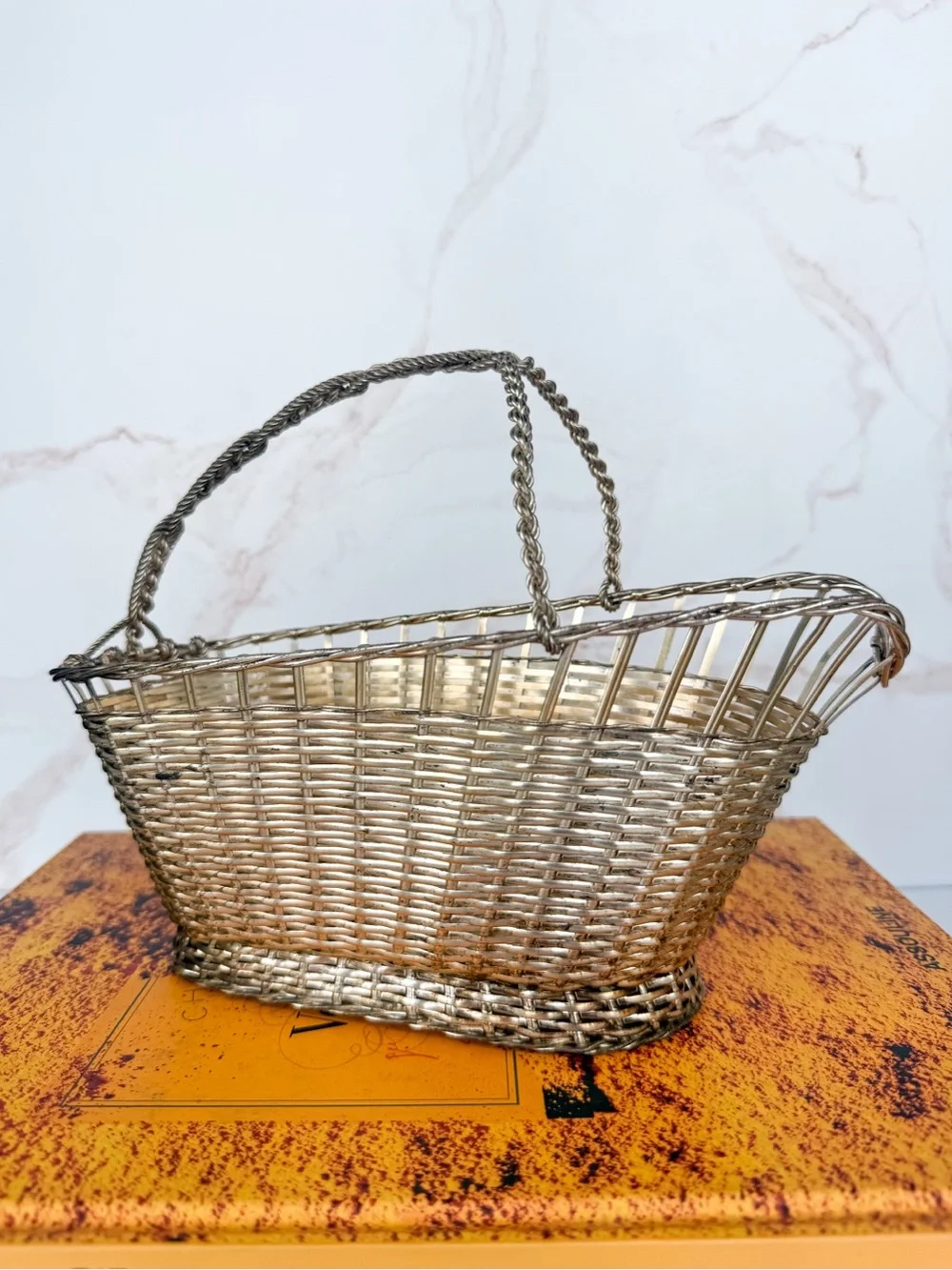 Vintage MCM French Style Metal Wine Bottle Carrier Basket Woven Twisted Handle